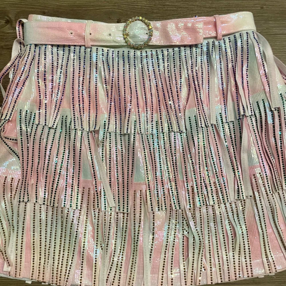 NWT Queen of Sparkles Mardi Gras Leather Fringe Belt Skort - Picture 7 of 13